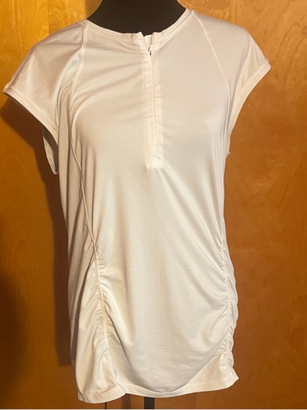 Athleta Large White Short-Sleeve Zip Front Ruched Active Tee